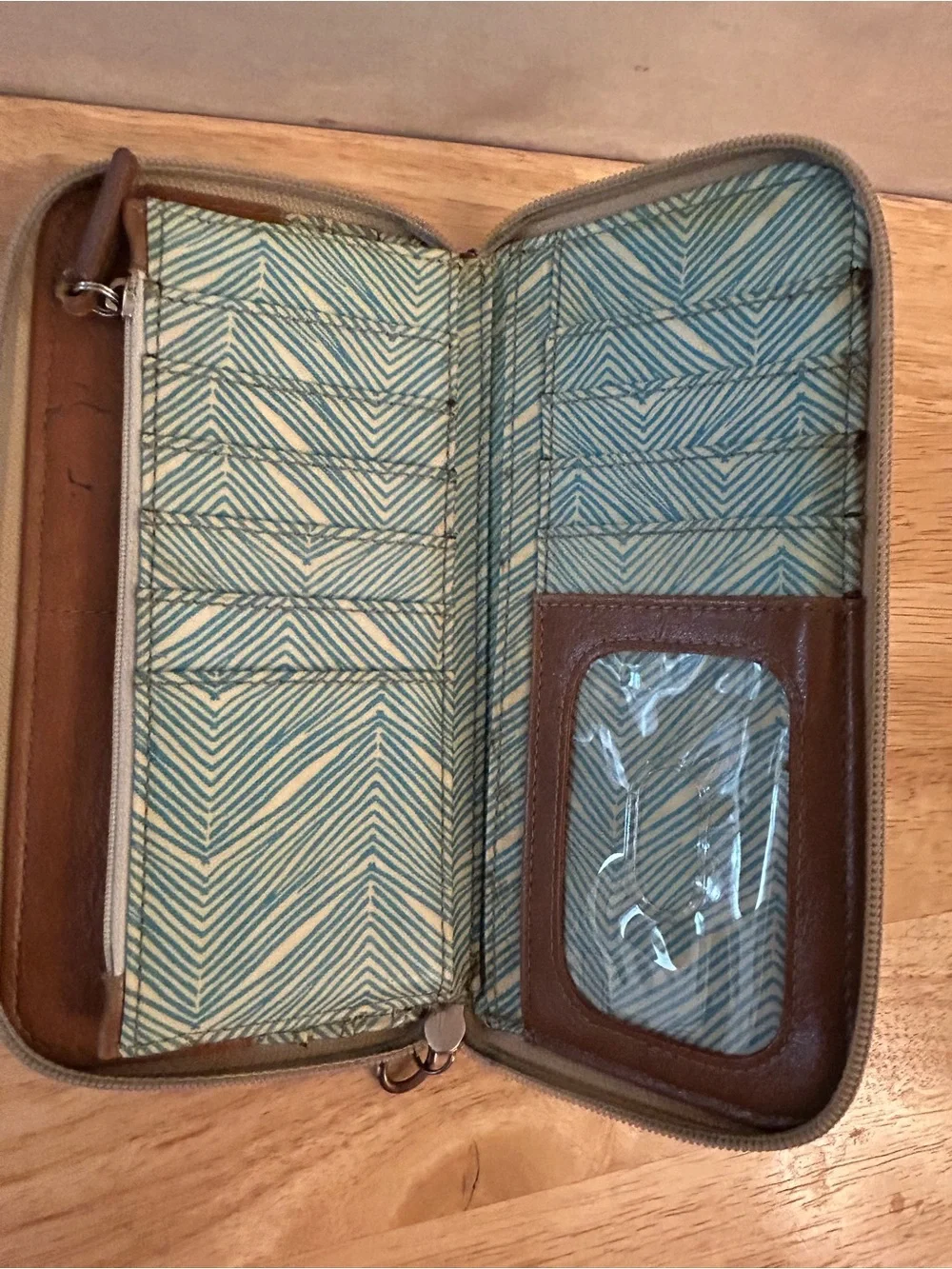 Fossil Teal and Tan Zip Wallet with Herringbone Accent